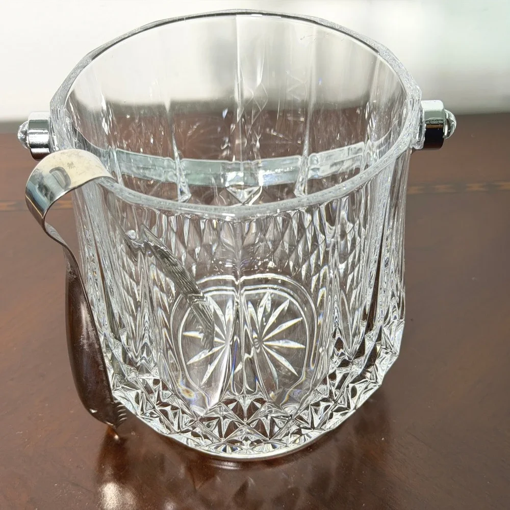 Vintage Cut Crystal Ice Bucket Chrome Handle & Tongs Starburst MCM Barware 5